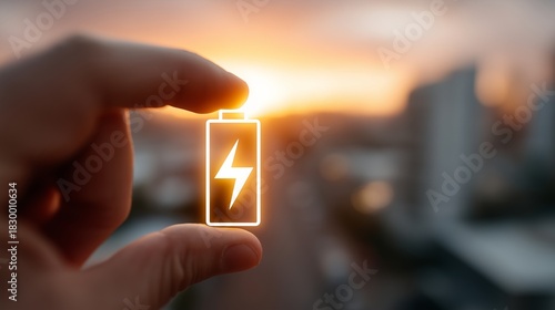 Holding a battery symbol against the sunset in an urban environment showcasing electric car technology