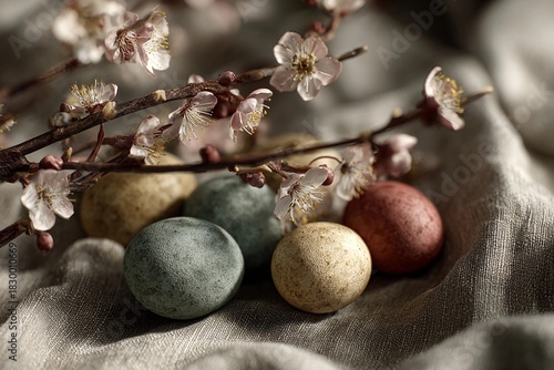 Easter Eggs Resting on Soft Linen With Cherry Blossoms in Gentle Afternoon Light Generative AI
