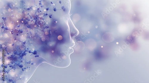 Artistic composition of translucent female profile merging with molecular structures in soft violet tones symbolizing biotechnology, mind and human consciousness