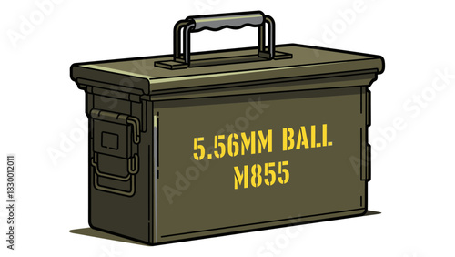 Green metal ammo can with 5.56MM BALL M855 text, used for storing ammunition.