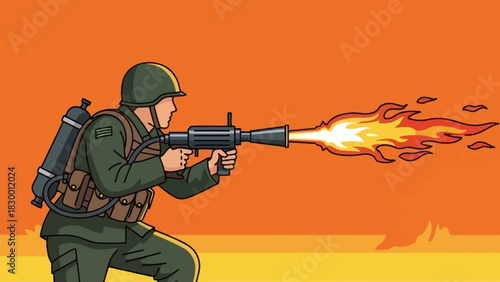 Illustration of a soldier in uniform firing a flamethrower with flames erupting from the barrel.