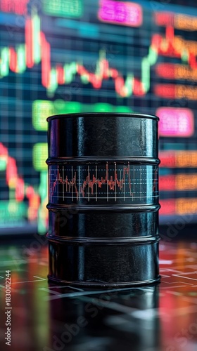 Black Oil Barrel with Stock Market Chart Overlay and Blurred Financial Data Background, Representing Crude Oil Prices and Global Economy