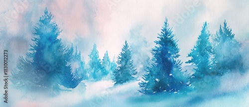 Snowy winter forest scene with ethereal blue hues