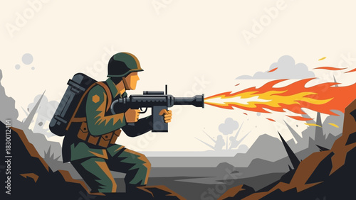 Illustration of a soldier using a flamethrower in a war zone.