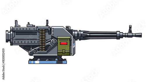 Detailed illustration of a modern gatling gun mechanism with ammunition belt and firing system