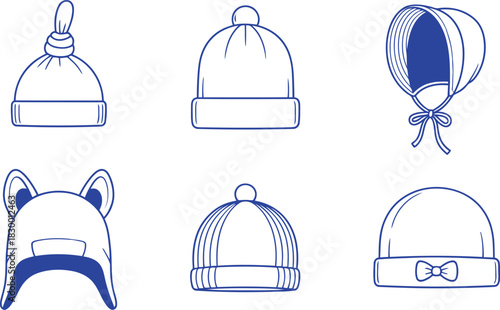 Collection of baby hats in blue outline style on white background