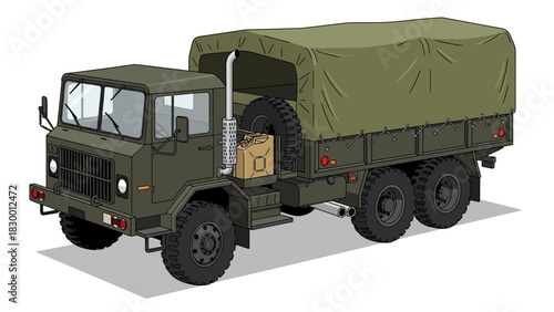 Illustration of a six wheel drive military cargo truck with a canvas covered bed and a spare tire mounted on the side