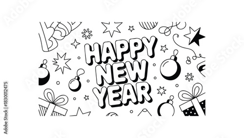 Hand drawn doodle style illustration of happy new year text surrounded by festive ornaments and gifts for celebration