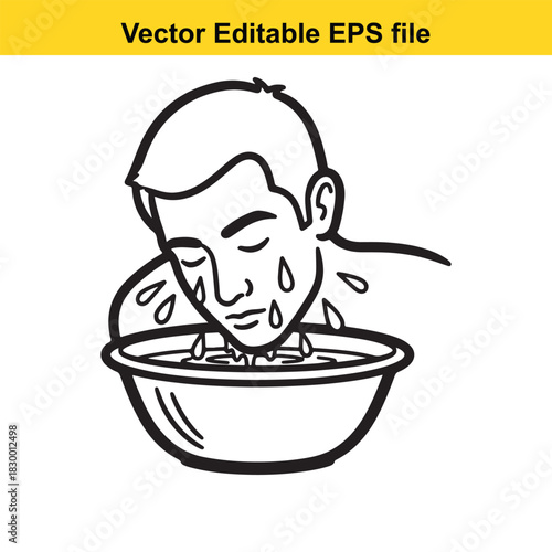 Simple black and white line art vector illustration of a man washing his face by splashing water from a bowl, isolated on white background