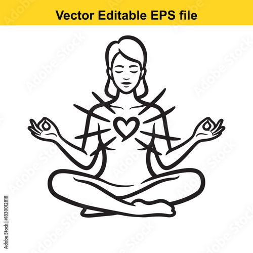 Black and white line art vector illustration of a woman meditating in lotus position with heart chakra glowing and radiating energy isolated on white background