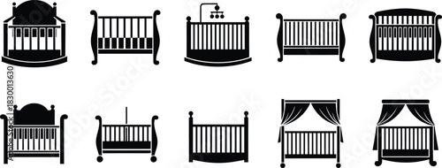 Collection of baby crib silhouettes for nursery decor and design elements