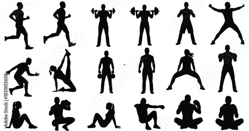 Diverse fitness silhouettes performing various exercises Vector