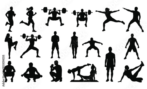 Active fitness silhouettes training, exercising, and lifting. Vector