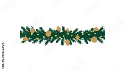 Festive christmas garland with golden teardrop ornaments and warm white lights on dark green pine branches