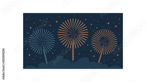 Vibrant fireworks explode in a dazzling display of blue orange and gold against a dark night sky