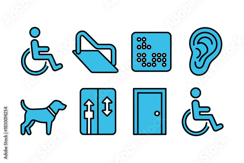 Collection of accessibility symbols representing disability inclusion and assistance