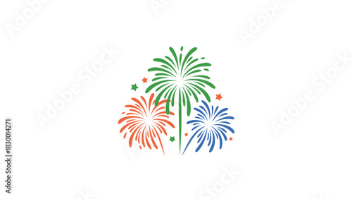 Vibrant abstract illustration of colorful fireworks exploding in a festive celebration against a clean white background