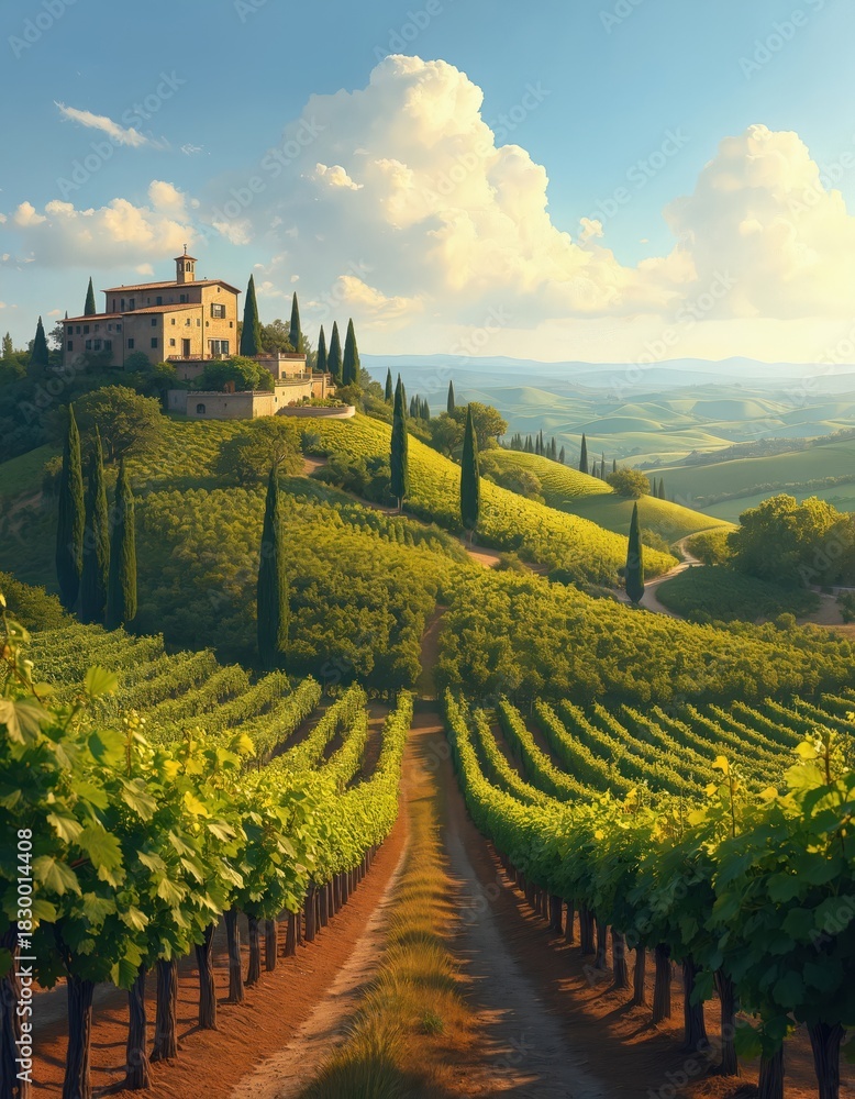 Naklejka premium Tuscany vineyard on rolling hills with grapevines under clear blue sky. Rural Italian landscape with large house on top of hill. Green vineyards, cypress trees surround house. Dirt road runs through