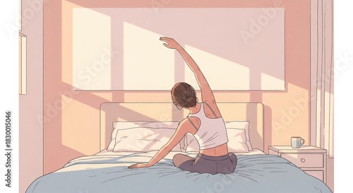 Stylized Illustration of Woman Stretching in Bedroom
