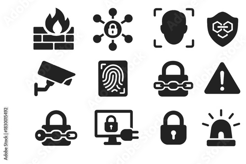 Icon camera siren pad secure security network biometric vector lock crypto node