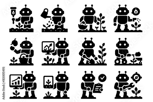 Seeds equipment robot crops yield soil check weed vector icon farming icons