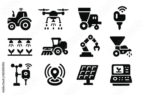 Gps farmer soil icon dispenser irrigation solar harvester vector equipment crop robot