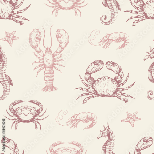 Fish sea vector seamless pattern with crabs octopus seahorse shells starfish and shrimp