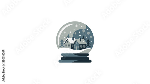 Charming winter snow globe scene featuring cozy houses and snow covered trees creating a festive holiday atmosphere