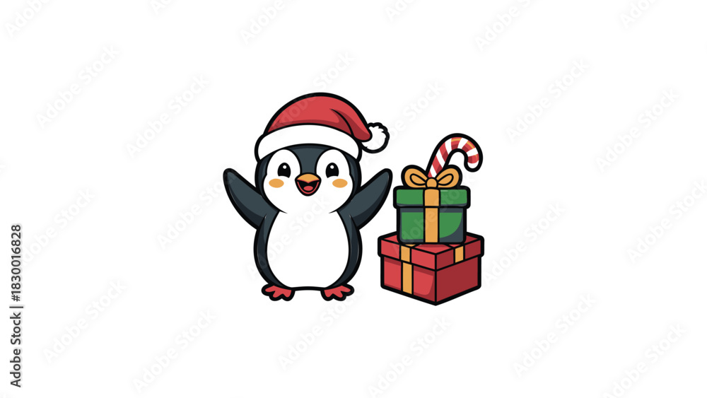 Fototapeta premium Adorable cartoon penguin wearing a santa hat with festive christmas presents and candy cane on a white background
