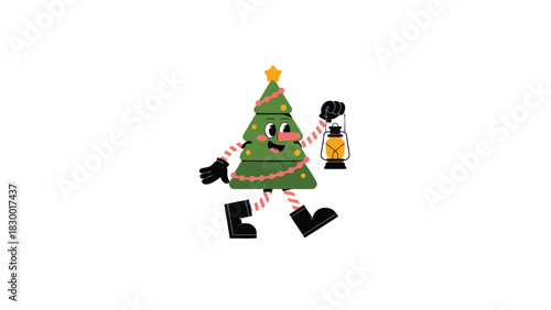 Whimsical cartoon christmas tree character with a glowing lantern and festive attire walking happily