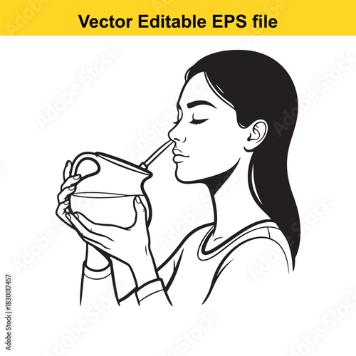 Black and white line art drawing of a woman performing nasal irrigation with a neti pot for sinus cleansing and health, isolated on white background