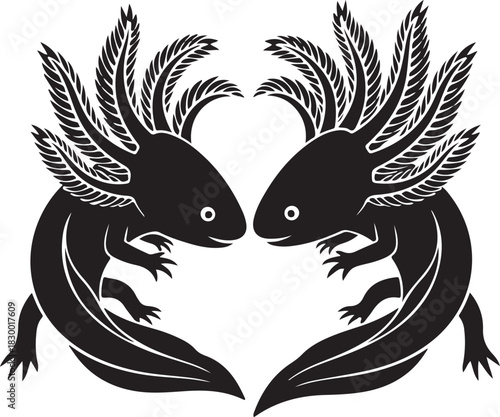 Twin Axolotl Leaf Heart Emblem for Nature Love, Wildlife Art, and Logo Design