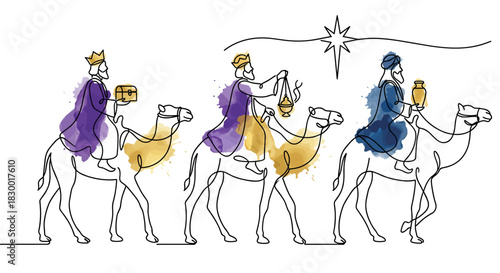 Three Wise Men on Camels Following Star of Bethlehem. Nativity Scene Matthew 2. One Line Drawing with Watercolor