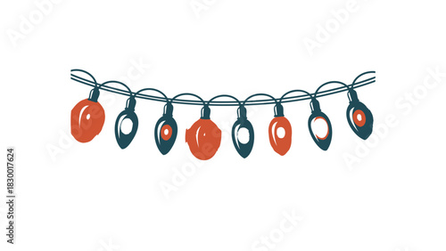 A string of vintage red and black christmas lights with a retro feel draped across a white background