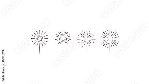 Four stylized black and white line art illustrations of sparklers exploding against a clean white background