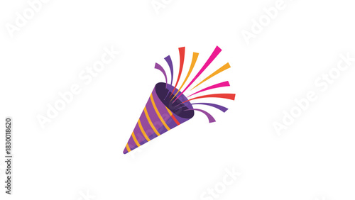 A vibrant purple party popper exploding with colorful streamers and confetti against a clean white background