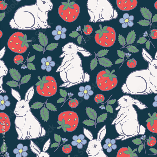 Cute rabbit and strawberry seamless vector pattern with floral stripes spring design