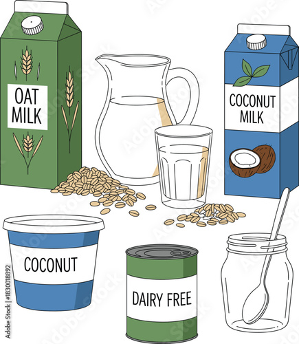 Oat Milk, Coconut Milk, and Vegan Alternative Packaging for Health and Diet Concepts.