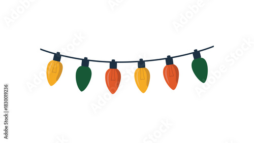 A string of colorful christmas lights in a festive arrangement with a white background for easy use