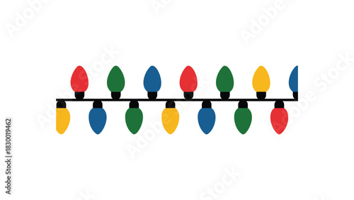 A string of colorful christmas lights with red green blue and yellow bulbs illuminated on a white background