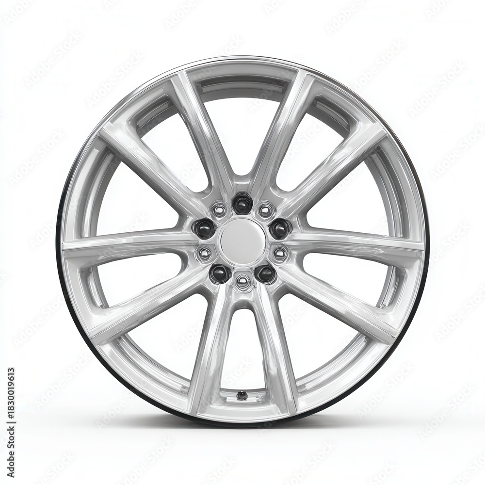 Obraz premium Polished silver car wheel on white background