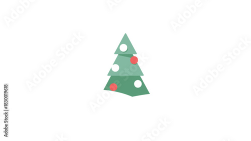 Whimsical green geometric christmas tree decorated with red bow and white ornaments on a white background