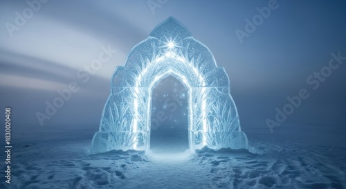 Enchanting Ice Archway Portal with Ethereal Glow in Snowy Landscape.