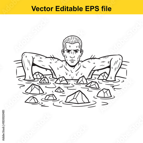 Black and white line art vector illustration of a determined man doing pushups or dips in water filled with sharp rocks, isolated on white background