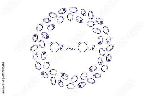 Vector doodle sketch olives fruit wreath for Mediterranean or vegan diet. Olive berries round frame. Food, natural organic cosmetics illustration for invitations, labels, packaging, emblem, sticker. 