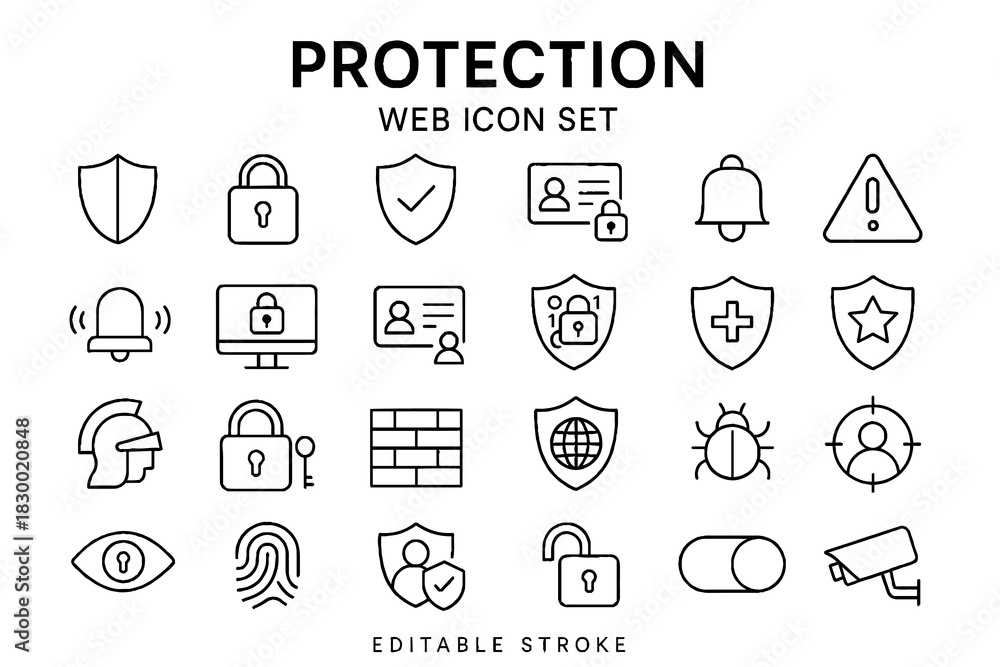 Naklejka premium Protection and Security Web Icon Set – Line Style Safety, Privacy, Shield, Firewall, Cybersecurity Icons