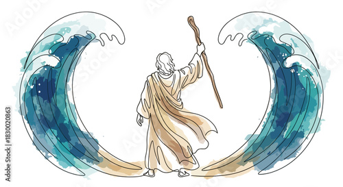 Moses Parting the Red Sea Miracle in Exodus 14. Prophet Splitting the Water Waves with Staff. One line doodle drawing minimalist watercolor fill biblical art