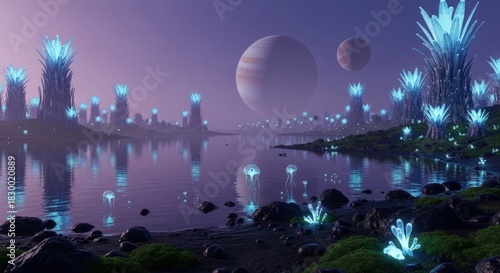 Mystical alien landscape with glowing flora and celestial bodies reflecting in the water.