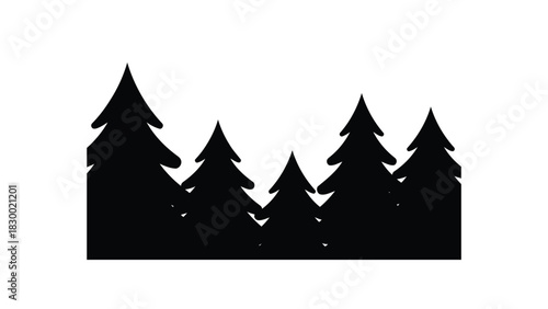Silhouette of a dense forest of evergreen pine trees against a stark white background creating a minimalist natural landscape