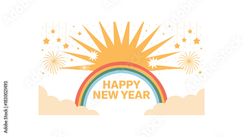 Bright sun shining over a rainbow arch with happy new year text and confetti